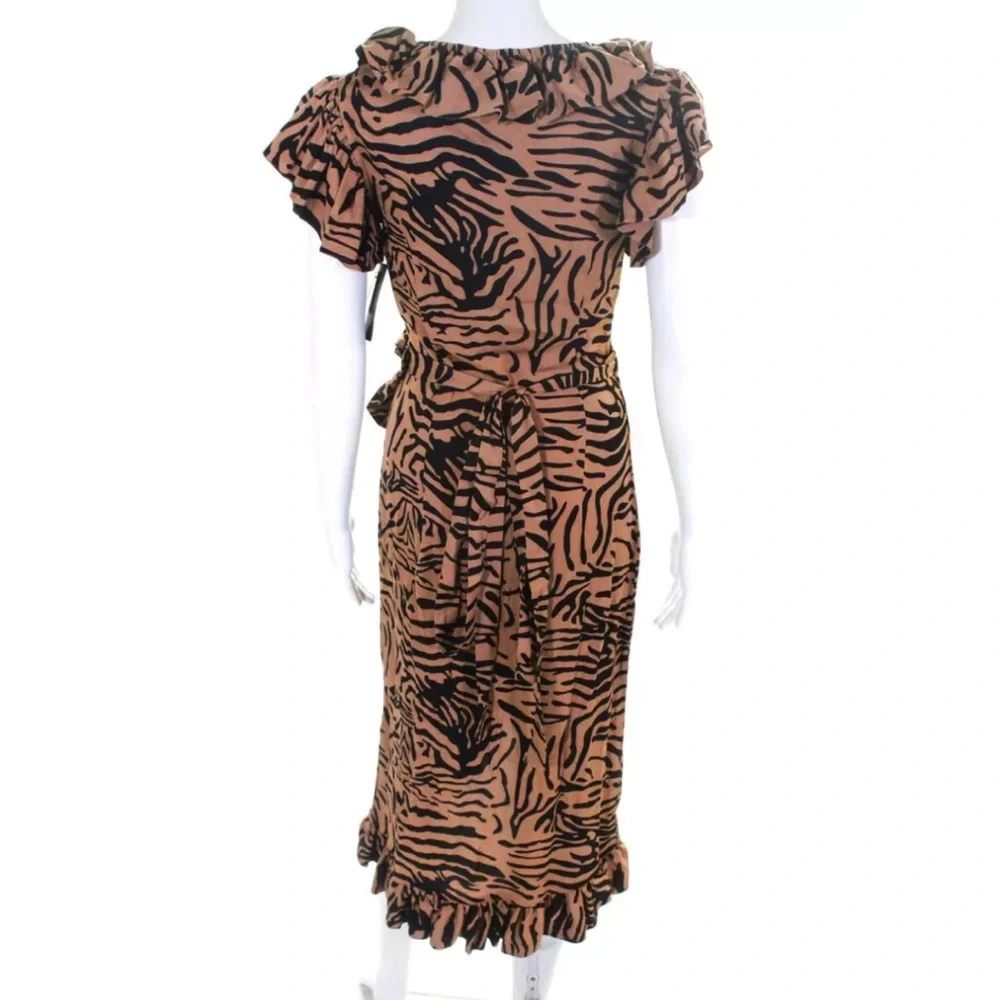 De La Vali Cadaques Tiger Stripe Ruffled Crepe True Wrap Dress US 2 UK 6…